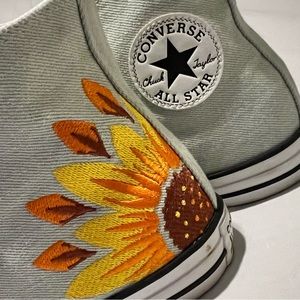 Custom Designed, Embroidered Chuck Taylor High Tops, Men 9, Woman 11.